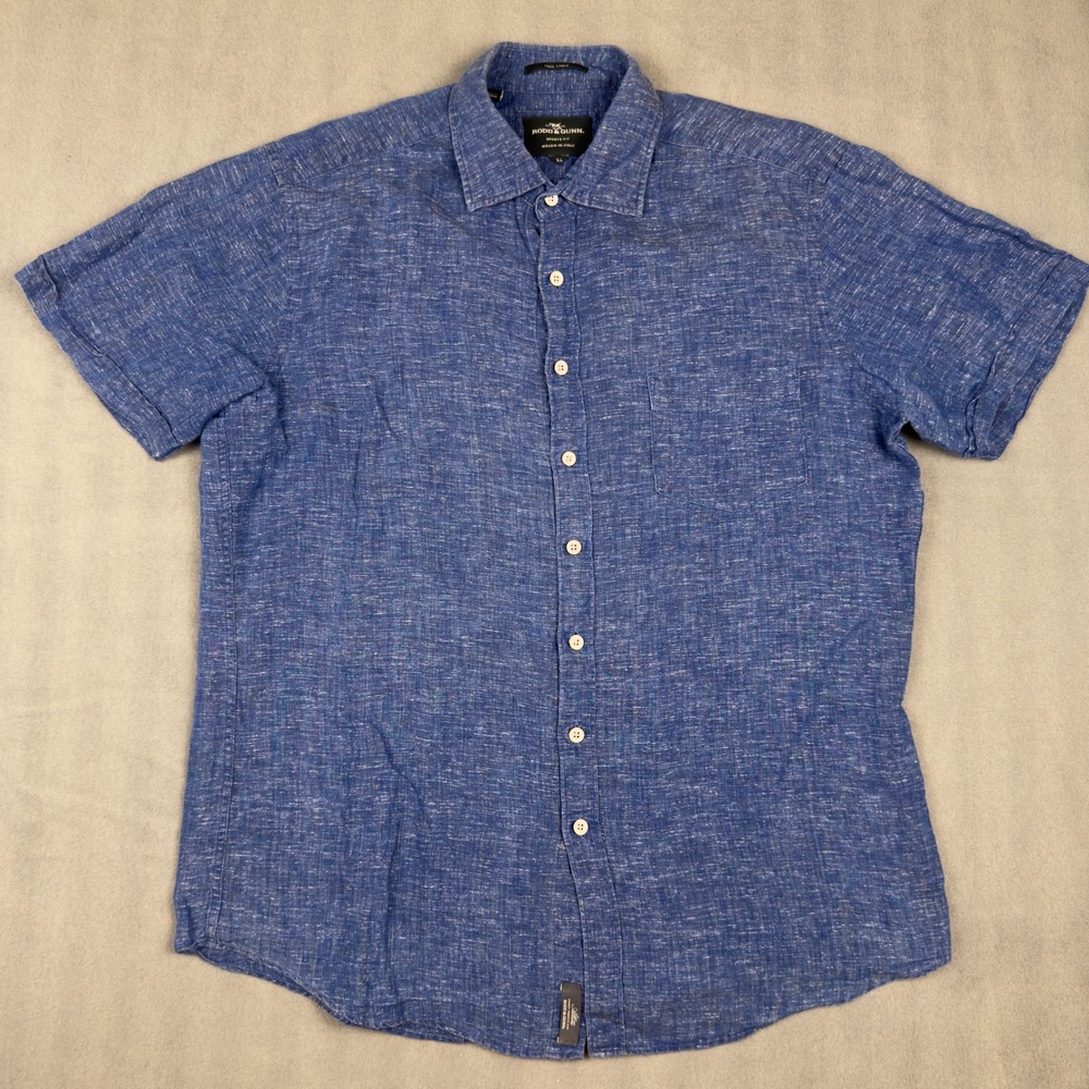 Rodd & Gunn Mens XL Blue 100% Linen Albini Fabric Sports Fit Short Sleeve Shirt